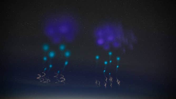 Colorful clouds formed by the release of vapor tracers from two rockets allow scientists to measure winds.