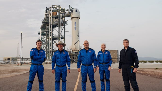 Blue Origin’s First Human Flight crew prior to astronaut load. Pictured from left to right: Oliver Daemen, Jeff Bezos, Mark Bezos, Wally Funk and CrewMember 7 Kevin Sproge. (July 20, 2021)