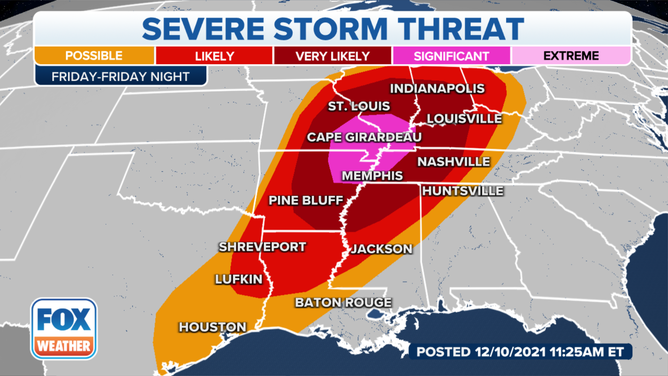 Severe thunderstorm threat Friday night into early Saturday morning.