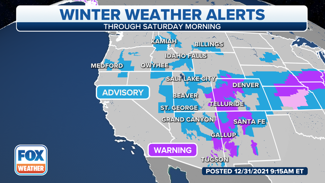 Winter weather alerts are in effect across the Intermountain West on Friday, Dec. 31, 2021.
