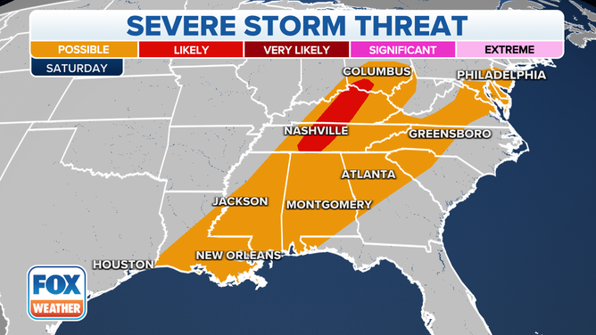 Severe thunderstorm threat on Saturday.