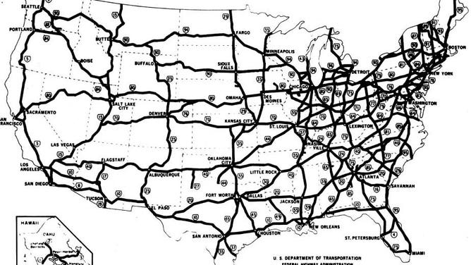 The final map of the proposed interstates under President Eisenhower.