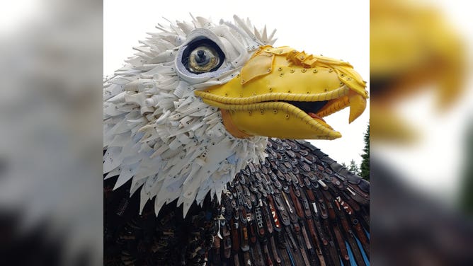 Washed ashore bald eagle sculpture