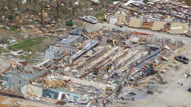 A Family Dollar and a Piggly Wiggly supermarket were destroyed by the Hackleburg, Mississippi, EF-5 tornado on April 27, 2011.