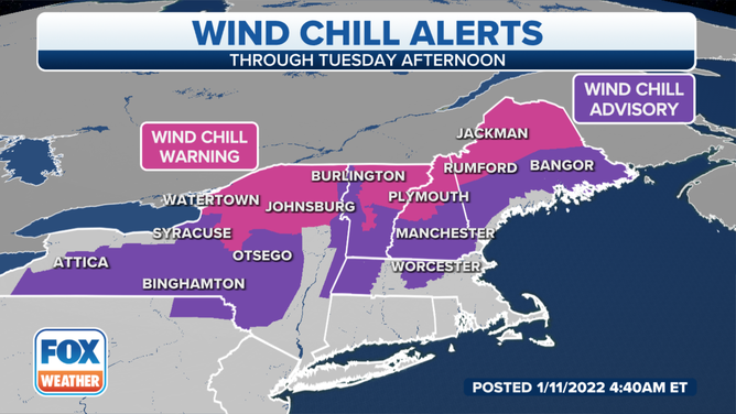 Wind Chill Warnings and Advisories are posted across the Northeast on Tuesday, Jan. 11, 2022.