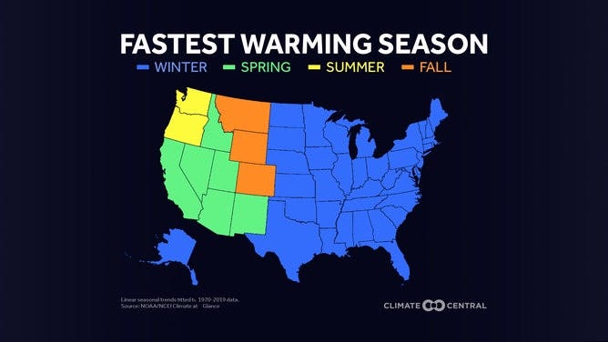 Each color depicts which season has warmed the fastest since 1970. Winter is the fastest-warming season for the 38 states shaded in blue.