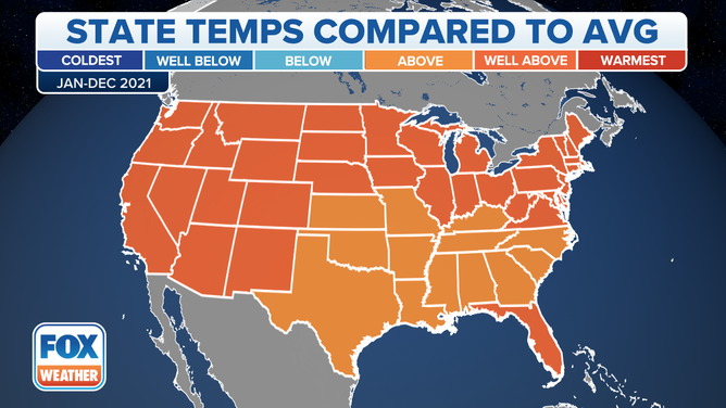 Temperatures compared to average in each state in 2021.