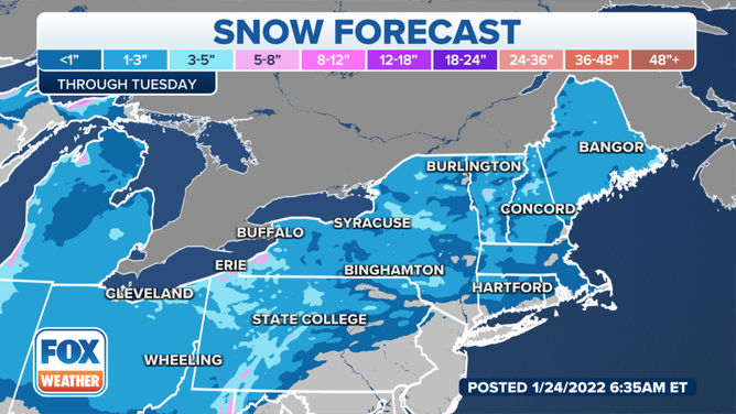 Snow forecast through Tuesday, Jan. 25, 2022.