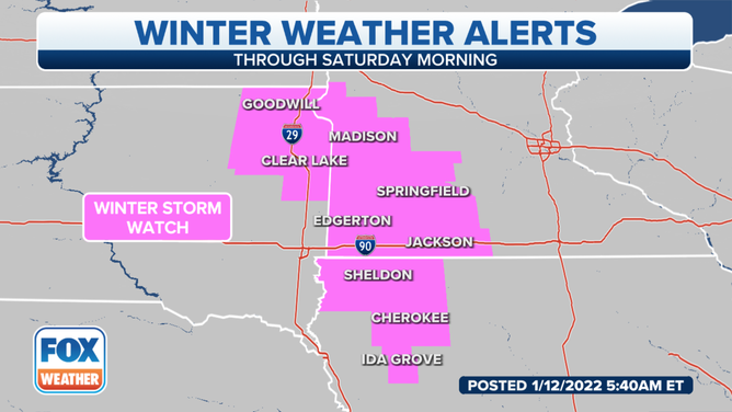 Winter Storm Watches have been issued for parts of northeastern South Dakota, southwestern Minnesota and northwestern Iowa.