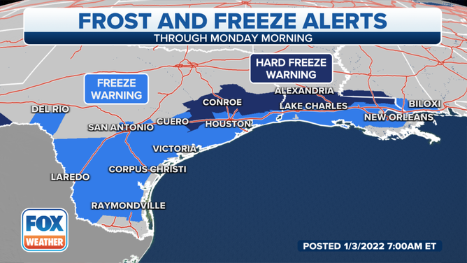 Gulf freeze warnings for Jan. 3.