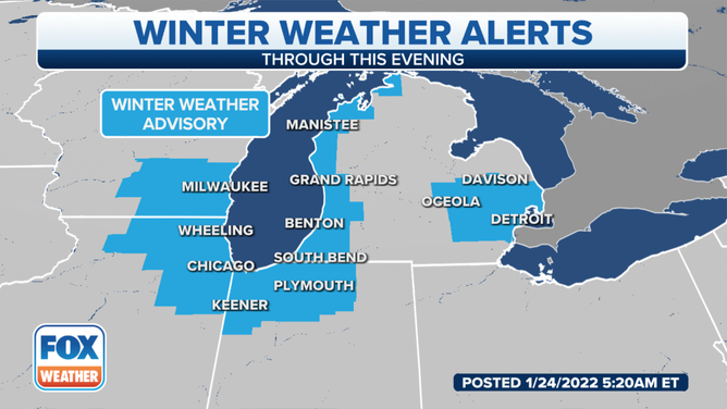 Winter Weather Advisories are in effect for parts of the Great Lakes on Monday, Jan. 24, 2022.