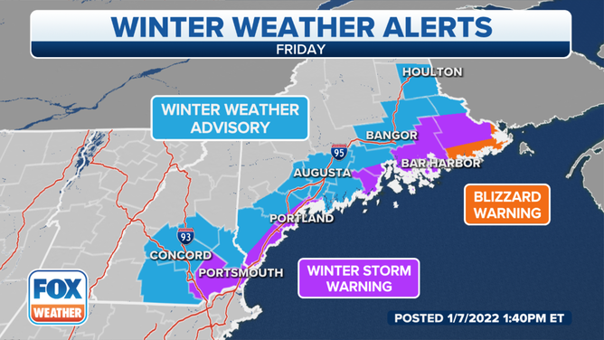 Winter weather alerts are posted across parts of northern New England on Friday, Jan. 7, 2022.