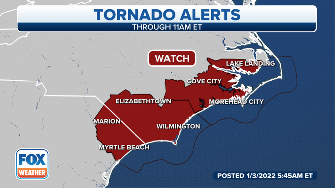 A Tornado Watch is in effect until 11 a.m. Eastern time Monday, Jan. 3, 2022.