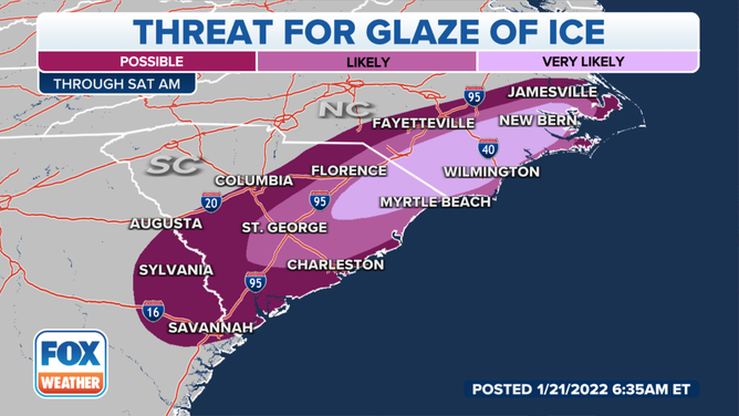 Threat for a glaze of ice through Saturday morning, Jan. 22, 2022.