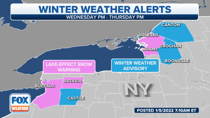 Lake-Effect Snow Warnings and Winter Weather Advisories are in effect northeast of lakes Erie and Ontario in New York.