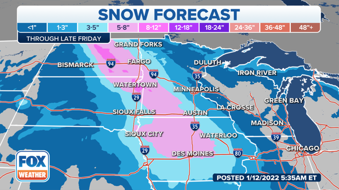 Snow forecast through late Friday, Jan. 14, 2022.