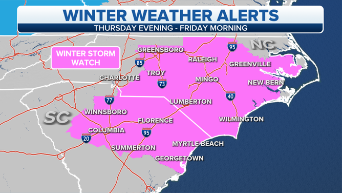 Winter Storm Watches are in effect for parts of the Carolinas.
