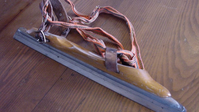 Original skates with a long metal blade attached to wood, dating to A.D. 1700. They are housed at the Schaatsmuseum in the Netherlands.