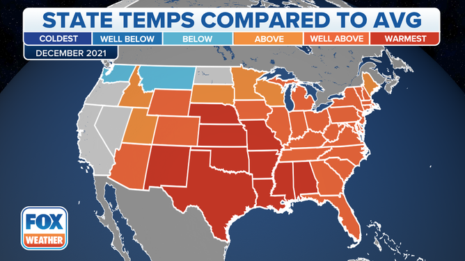 Temperatures compared to average in each state in December 2021.
