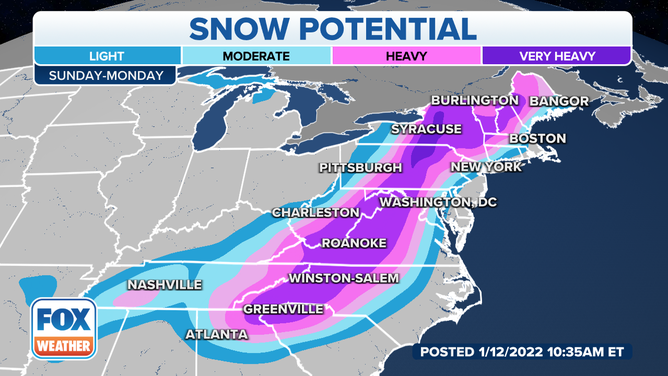 Potential snowfall along the East Coast Sunday into Monday.