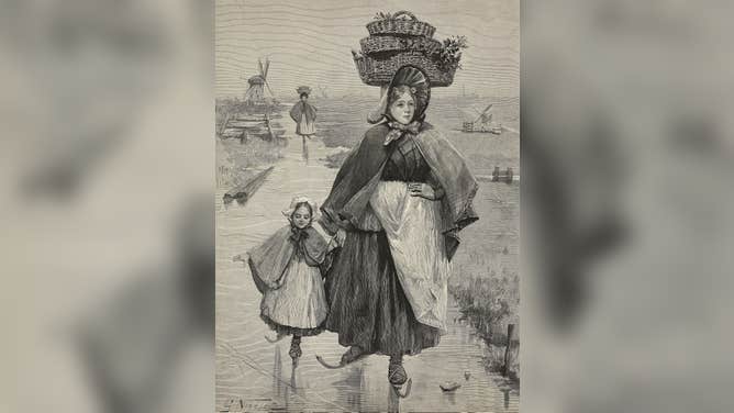 A woman and child skate to the market in the Netherlands, 19th century.