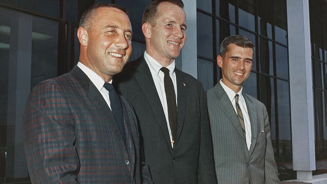 The prime crew for Apollo 1, scheduled as the first manned Apollo space flight, at a press conference at the Manned Spacecraft Center, Cape Canaveral, Florida, 21st March 1966. Left to right: Virgil I. Grissom (1926 - 1967), Edward H. White II (1930 - 1967) and Roger B. Chaffee (1935 - 1967). All three men were killed in a cabin fire during a launch pad test on 27th January 1967. (Photo by Space Frontiers/Getty Images)