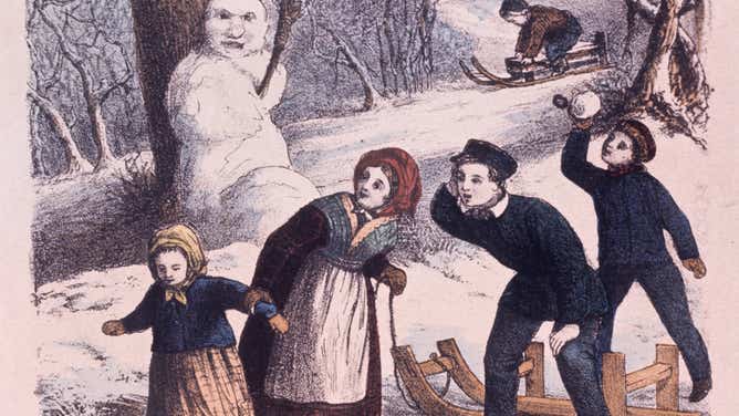 Children play in the snow, as a surly-looking snowman stands in the background.