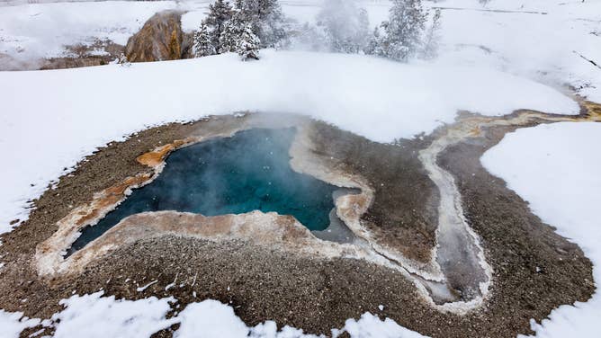 Blue Star Spring steams on a cold winter day in Yellowstone National Park, Wyoming. The spring's piping hot heat comes from molten rock churning within the floors of Yellowstone.
