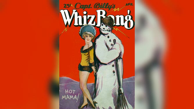 The magazine 'Captain Billy's Whiz Bang' features a showgirl and a snowman on the April, 1928 edition printed in New York City.