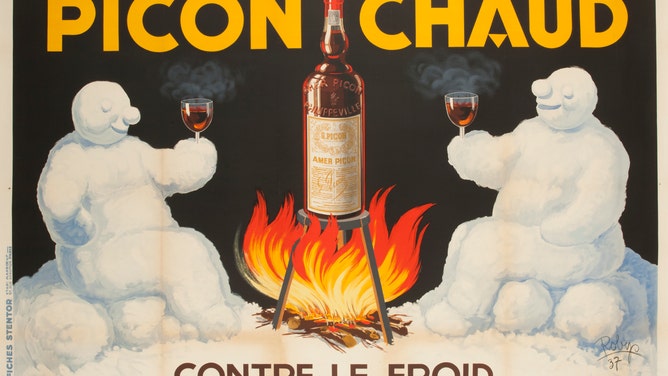 In this 1930s French advertisement, two snowmen each enjoy a glass of the aperitif Picon. The ad roughly translates to "Hot Picon against the cold".