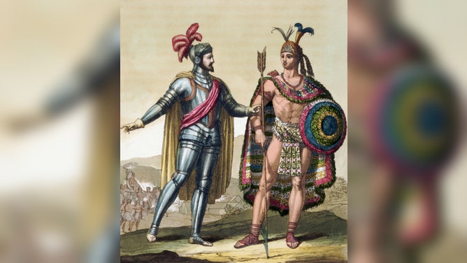 An engraving of Spaniard Hernan Cortes and Aztec ruler Montezuma II in modern-day, Mexico.