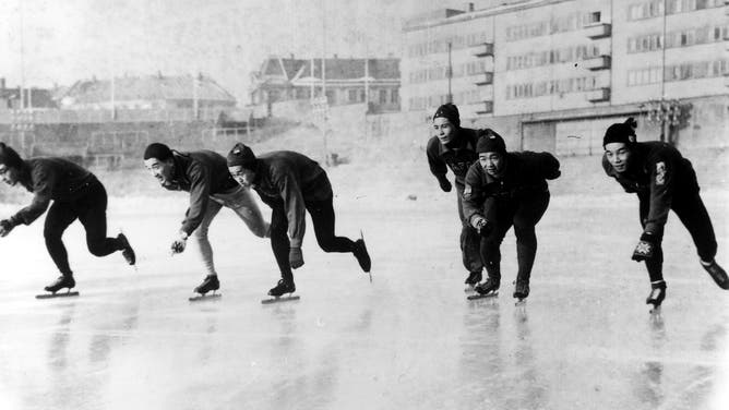 Japanese speed skaters train during the 1952 Winter Olympics in Oslo, Norway.
