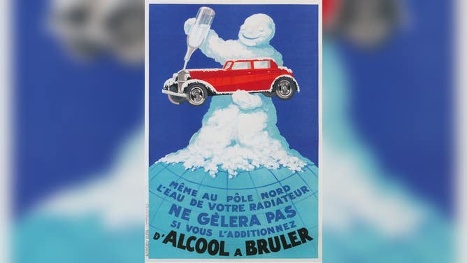 A vintage French advertisement for anti-freeze. The ad shows a snowman at the North Pole pouring anti-freeze into a red car’s radiator.