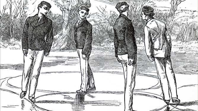 A 19th-century illustration shows four men showcasing control of their blades by drawing circles with their skates onto a frozen lake.