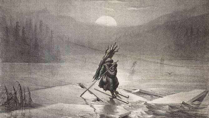 A skiier in early 19th-century Scandinavia. The pole he uses to propel himself is a similar concept to the sticks used with early bone skates.