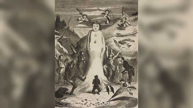Figures dance around a tall snowman, as featured in a 19th-century French magazine.