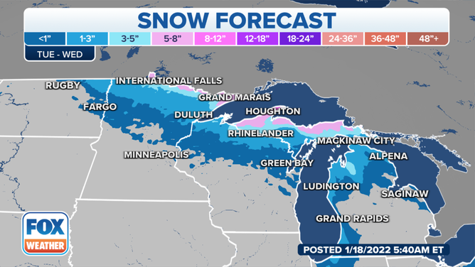 Snow forecast through Wednesday, Jan. 19, 2022.