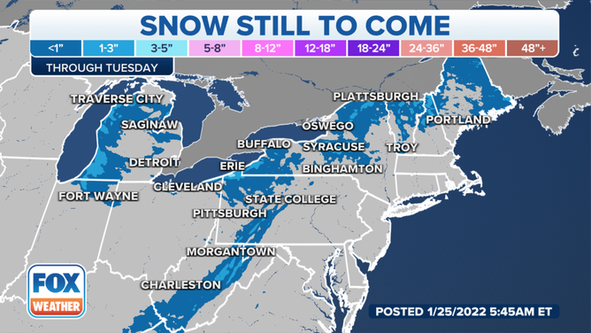 Snow forecast through Tuesday, Jan. 25, 2022.