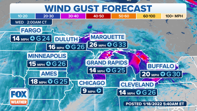 Wind gust forecast early Wednesday morning, Jan. 19, 2022.