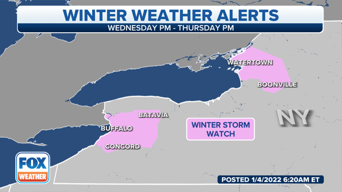 Winter Storm Watches are in effect northeast of lakes Erie and Ontario.