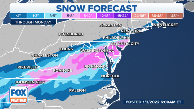 Snow forecast through Monday, Jan. 3, 2022.