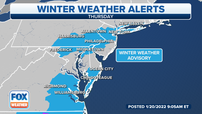Winter Weather Advisories are in effect for parts of the mid-Atlantic and Northeast on Thursday, Jan. 20, 2022.