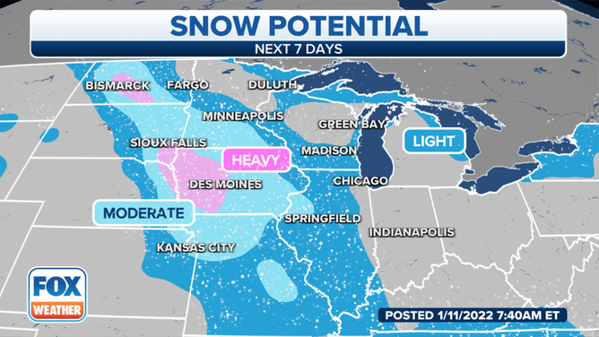 Snowfall outlook for the Midwest through this weekend.