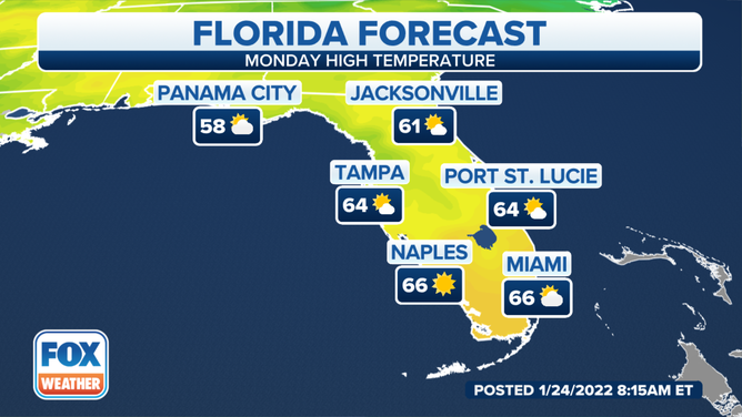 Florida's forecast high temperatures for Jan. 24, 2022.