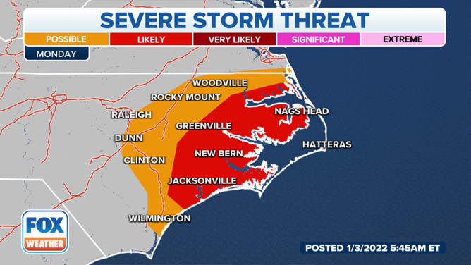 Severe storm threat on Monday, Jan. 3, 2022.