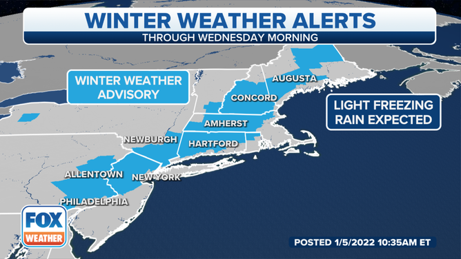 Winter Weather Advisories have been issued from Pennsylvania to Maine on Wednesday, Jan. 5, 2022.