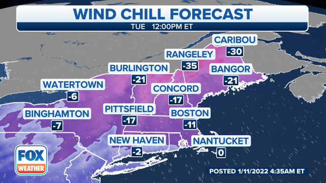 Wind chill forecast at 12 p.m. Eastern time Tuesday, Jan. 11, 2022.