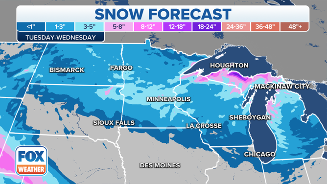 Snow forecast Tuesday through Wednesday.