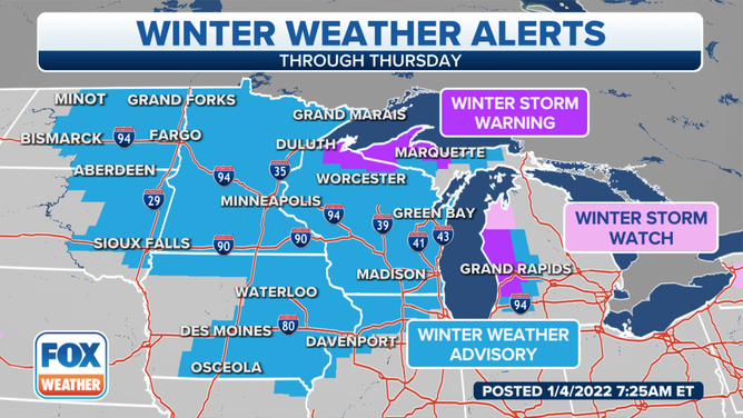Winter weather alerts are in effect across the upper Midwest and Great Lakes.