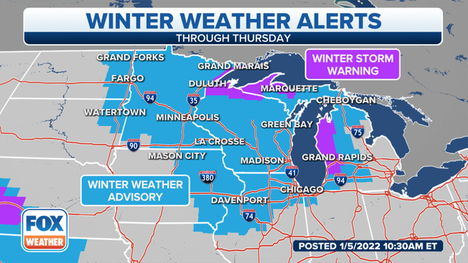 Winter Storm Warnings and Winter Weather Advisories are posted across the upper Midwest and Great Lakes.